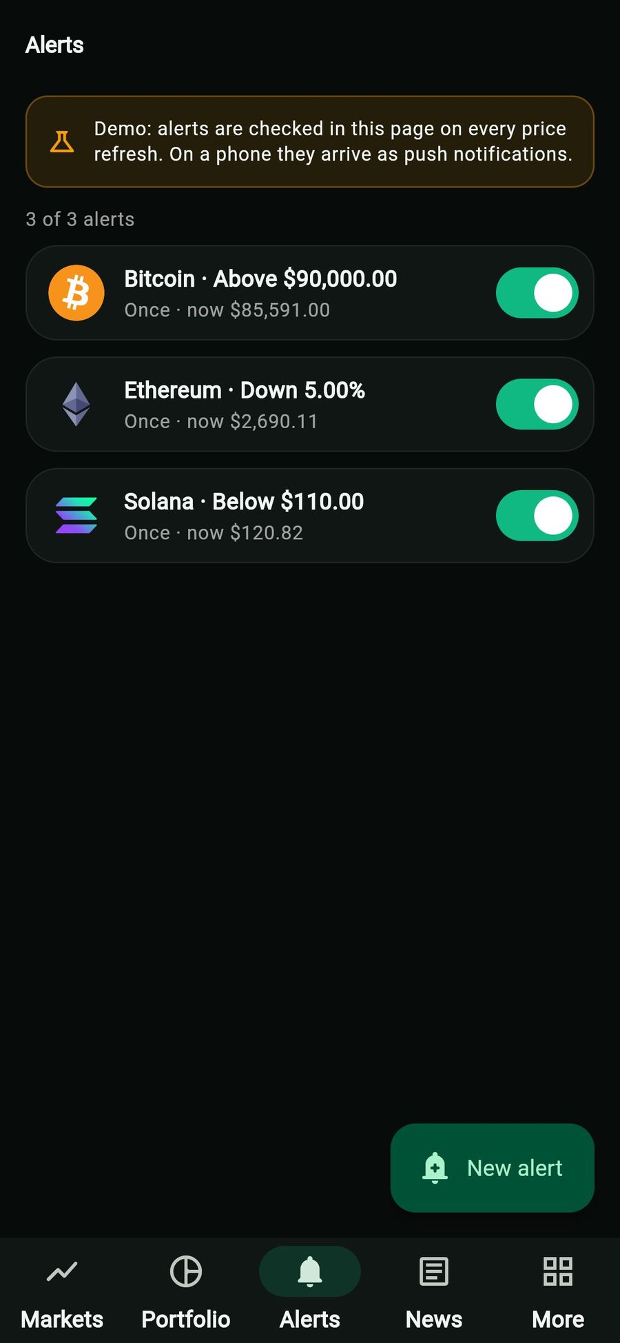 Alerts in the web demo: three price alerts with on switches and a note that on a phone they arrive as push notifications