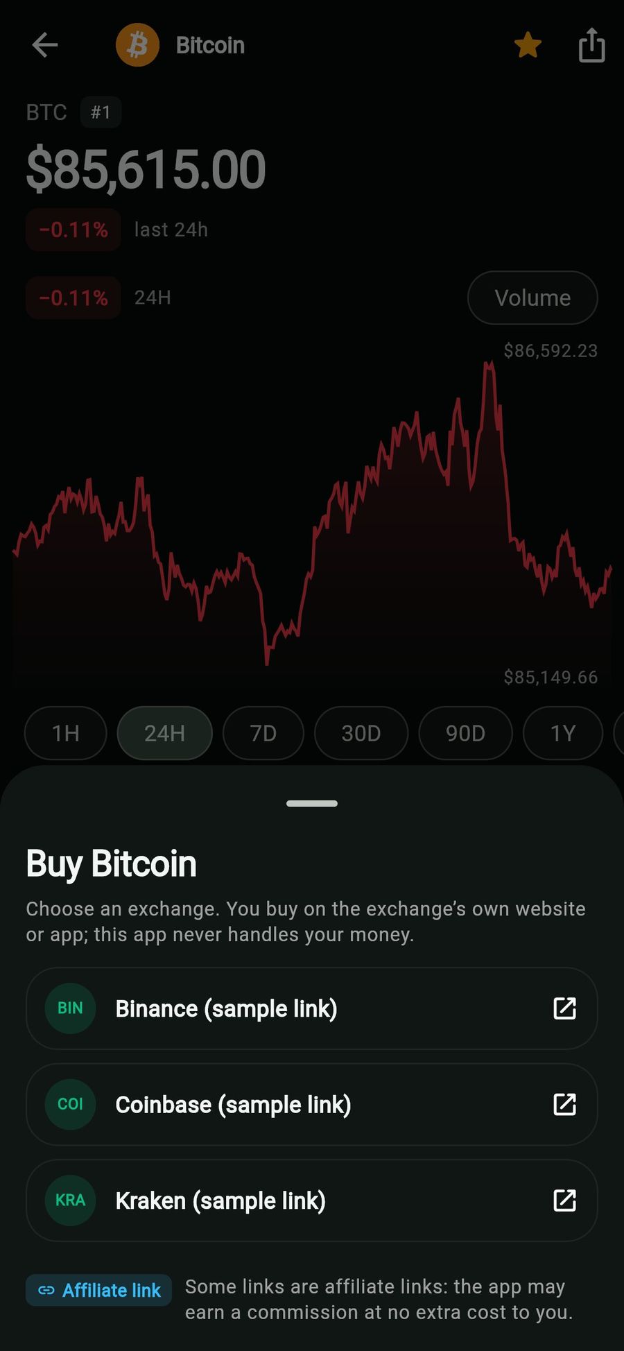 Buy Bitcoin sheet in the web demo: three sample exchange links and the affiliate disclosure; the app never handles money
