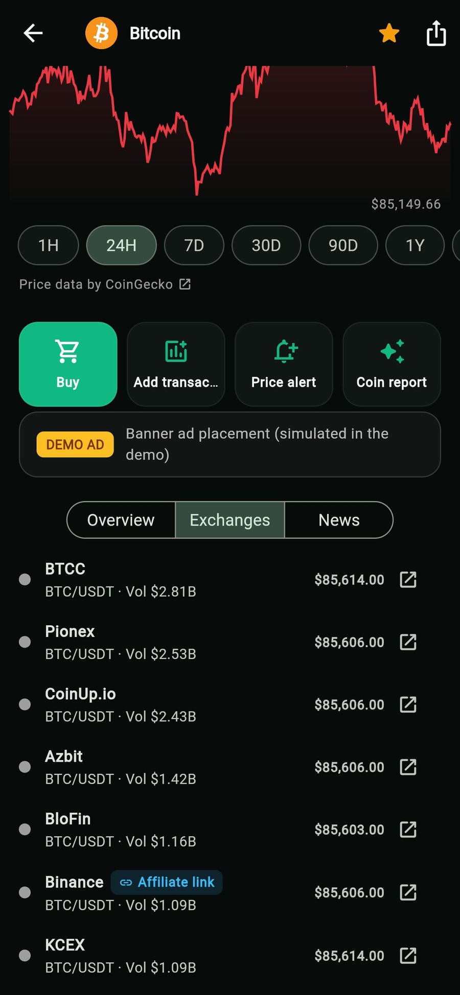 Bitcoin exchanges tab in the web demo: BTC/USDT tickers with prices and volumes, a Binance row marked Affiliate link