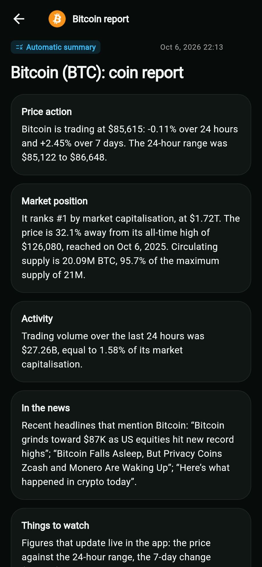 Bitcoin coin report labelled Automatic summary: price action, market position, activity, news and things to watch