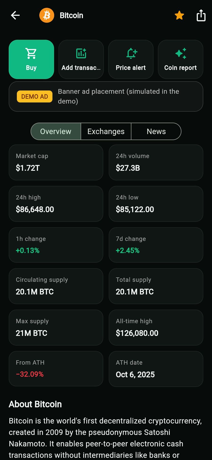 Bitcoin overview stats in the web demo: market cap, volume, 24-hour high and low, supply, all-time high, and the start of About Bitcoin