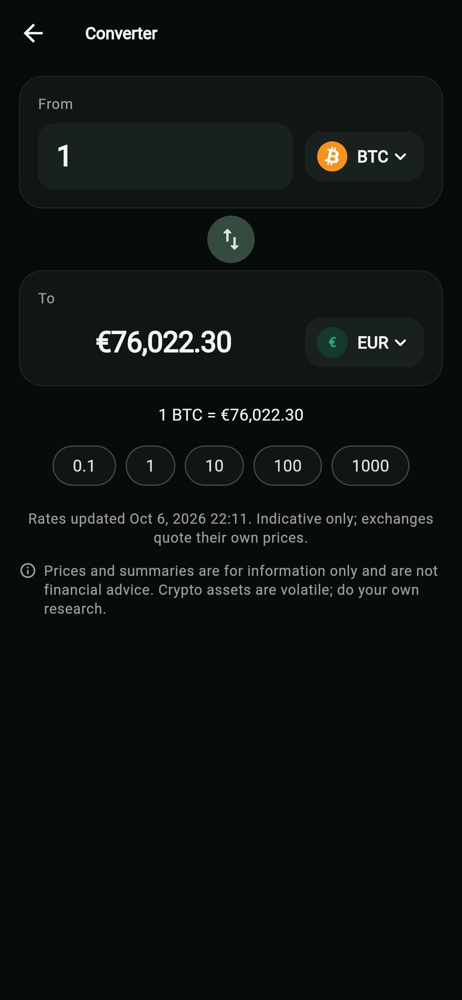 Converter in the web demo: one Bitcoin to euro with the rate and quick amounts