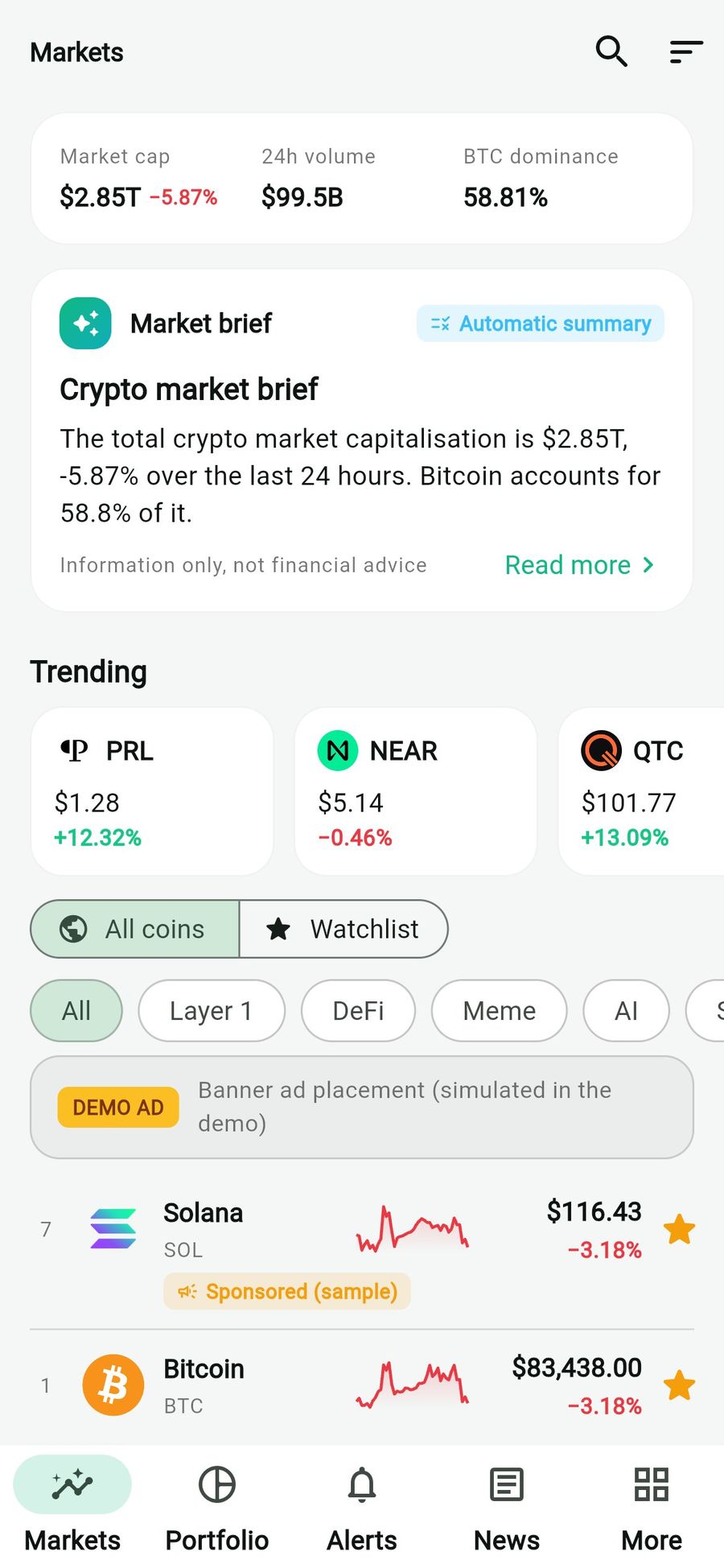 Markets in the light theme in the web demo