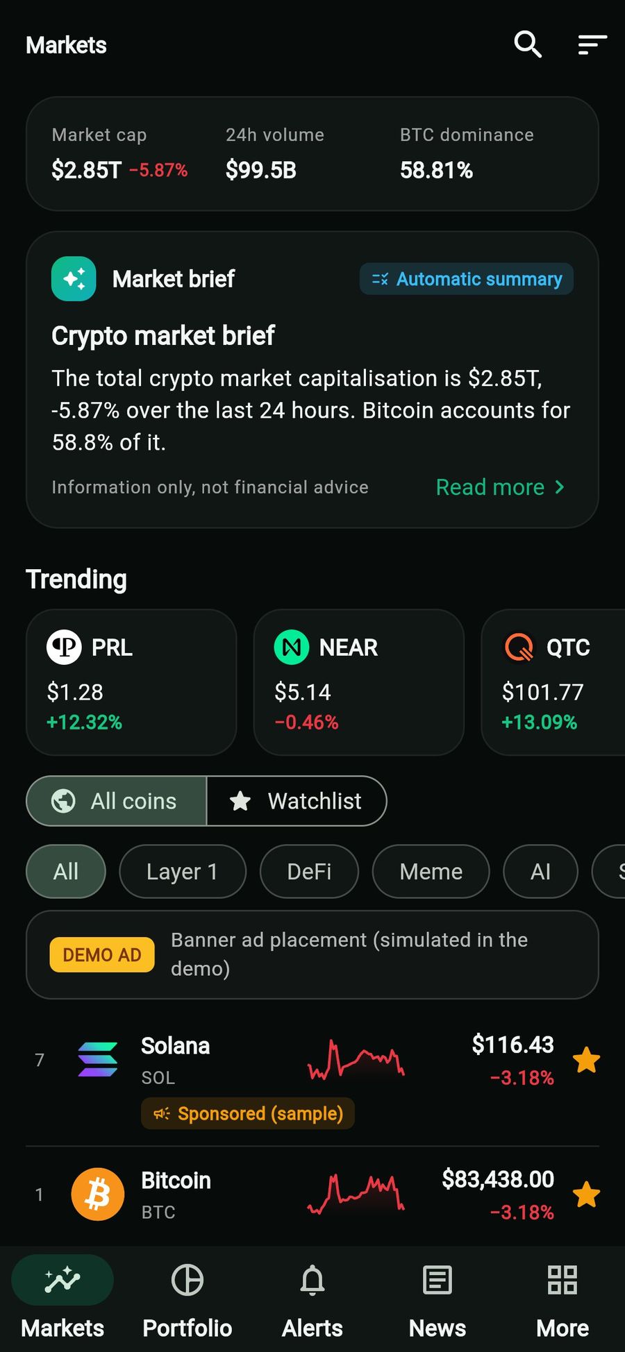Cryptocurrency Tracker app, Markets in the web demo: market cap and BTC dominance, a market brief labelled Automatic summary with Information only, not financial advice, trending coins, category chips, a labelled demo banner ad and the coin list with a Sponsored Solana row