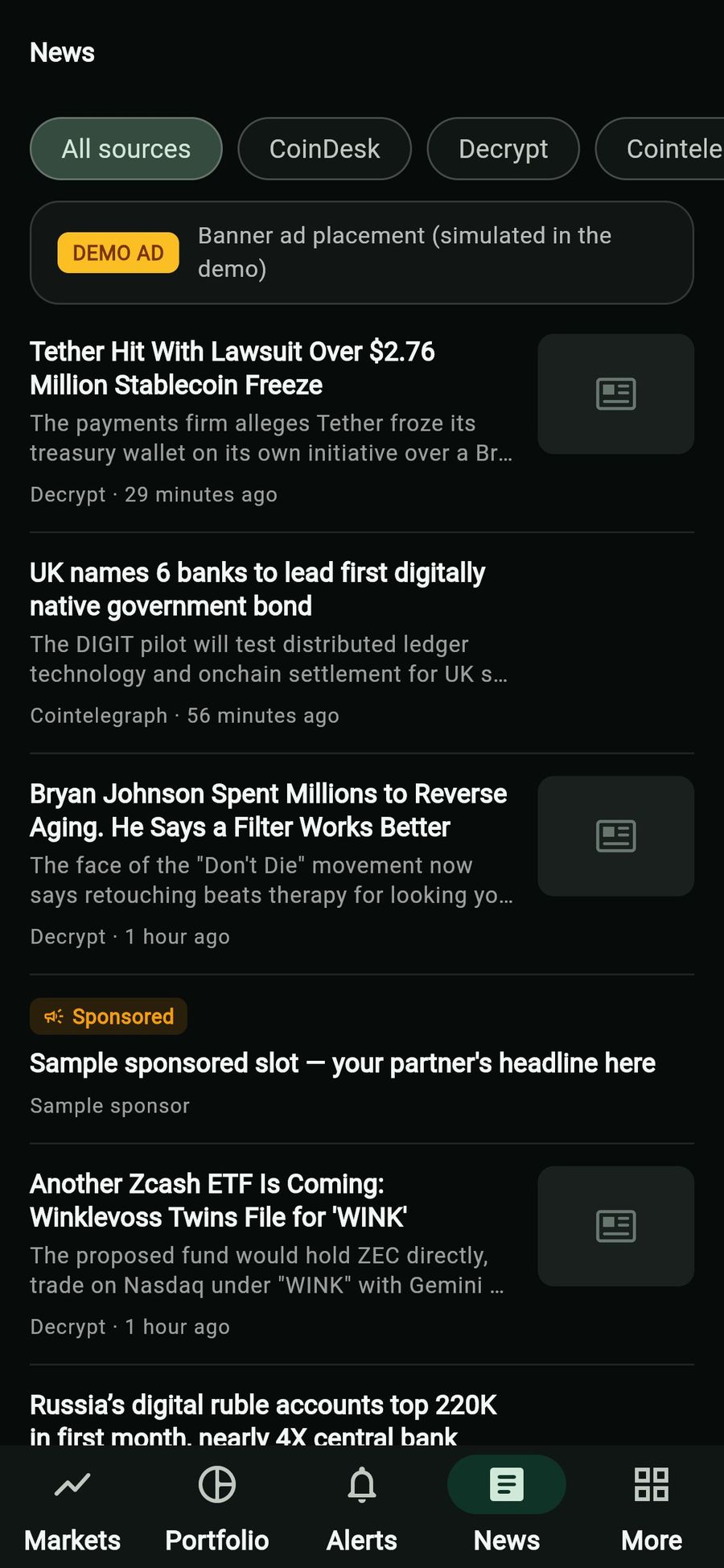 News in the web demo: source chips, a labelled demo ad, headlines linking to the publishers (publisher images hidden in this preview) and a sample sponsored slot