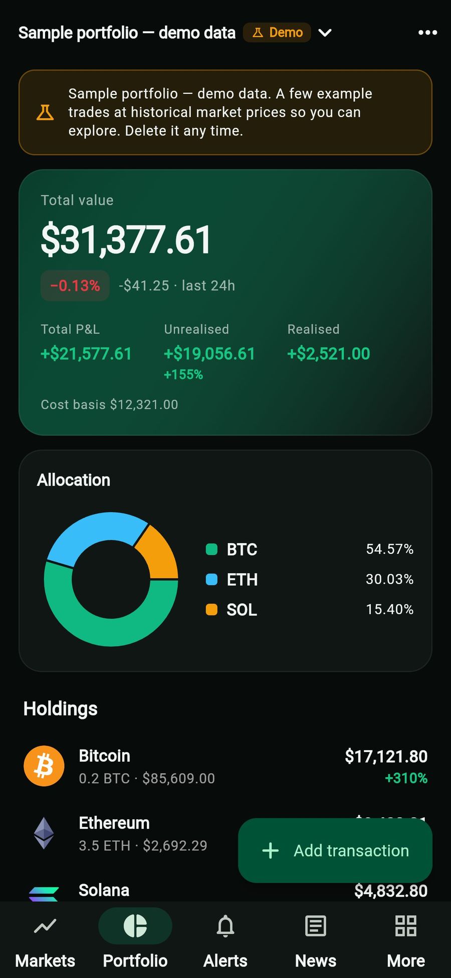 Sample portfolio marked demo data: total value, total, unrealised and realised profit and loss, allocation chart and holdings