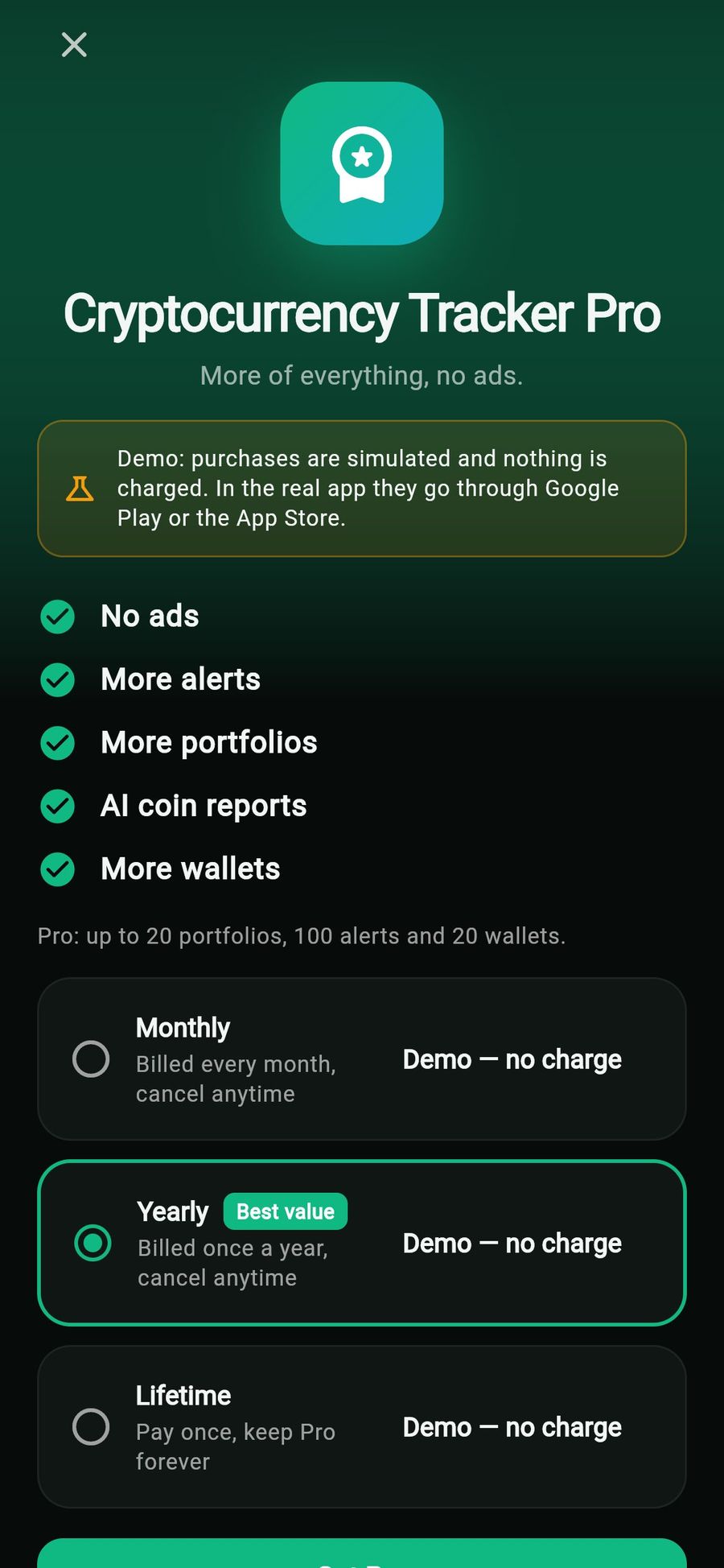 Pro paywall in the web demo: no ads, more alerts, more portfolios, AI coin reports, more wallets, and monthly, yearly and lifetime plans marked Demo — no charge