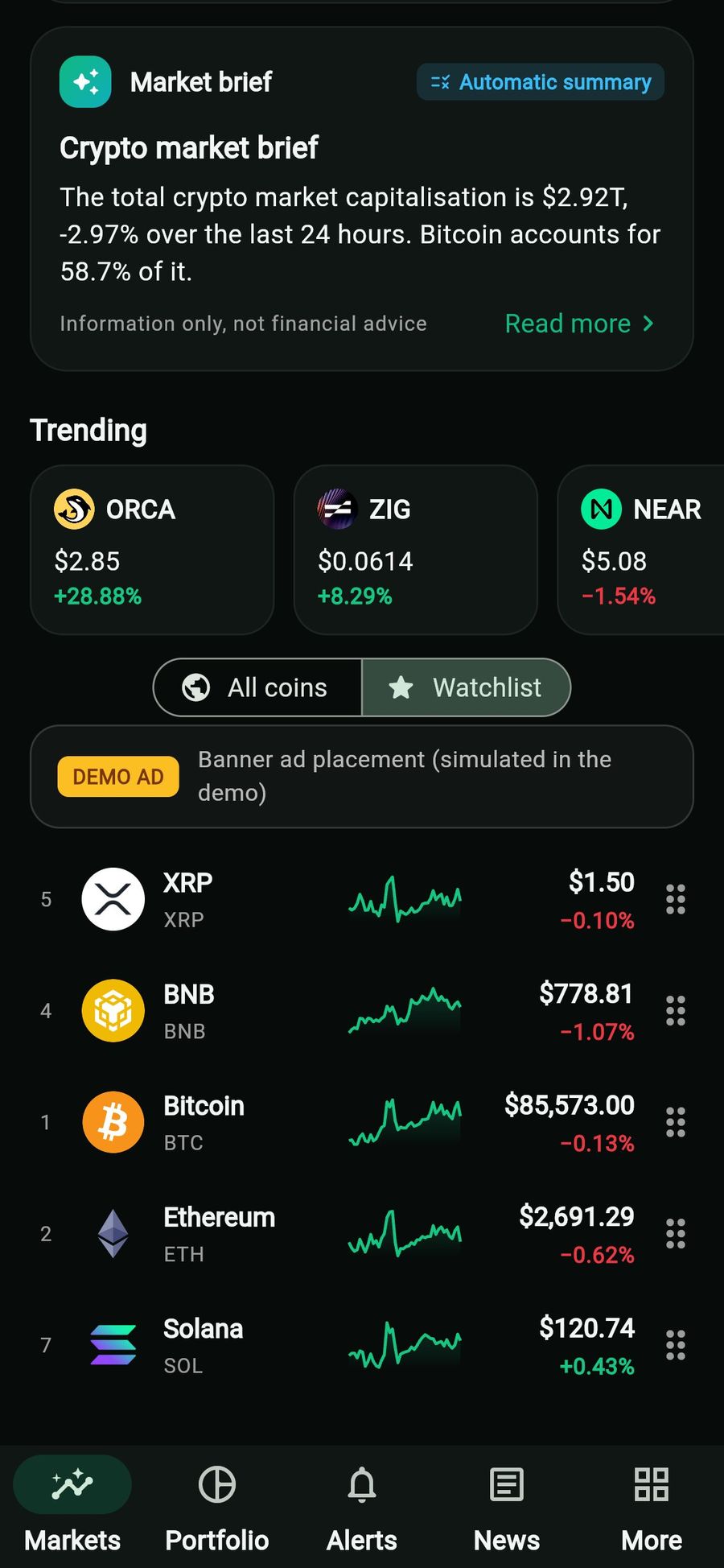 Watchlist in the web demo with five starred coins and their sparklines