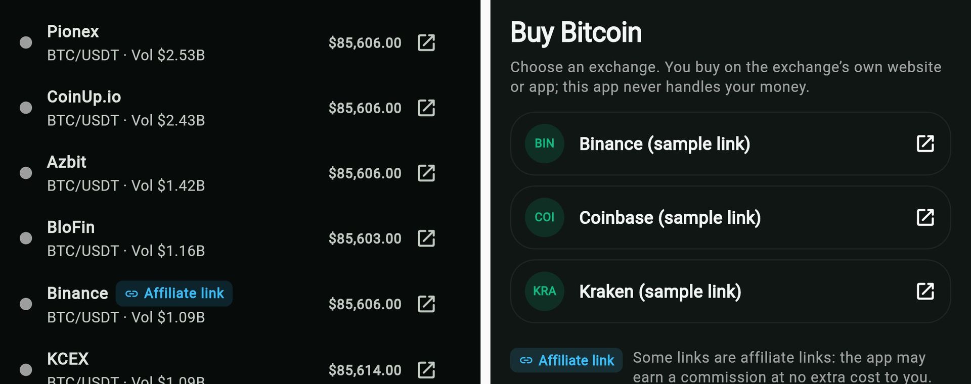 Two app demo screens side by side: Bitcoin exchange tickers with a Binance row marked Affiliate link, and the Buy Bitcoin sheet with three sample exchange links and the affiliate disclosure