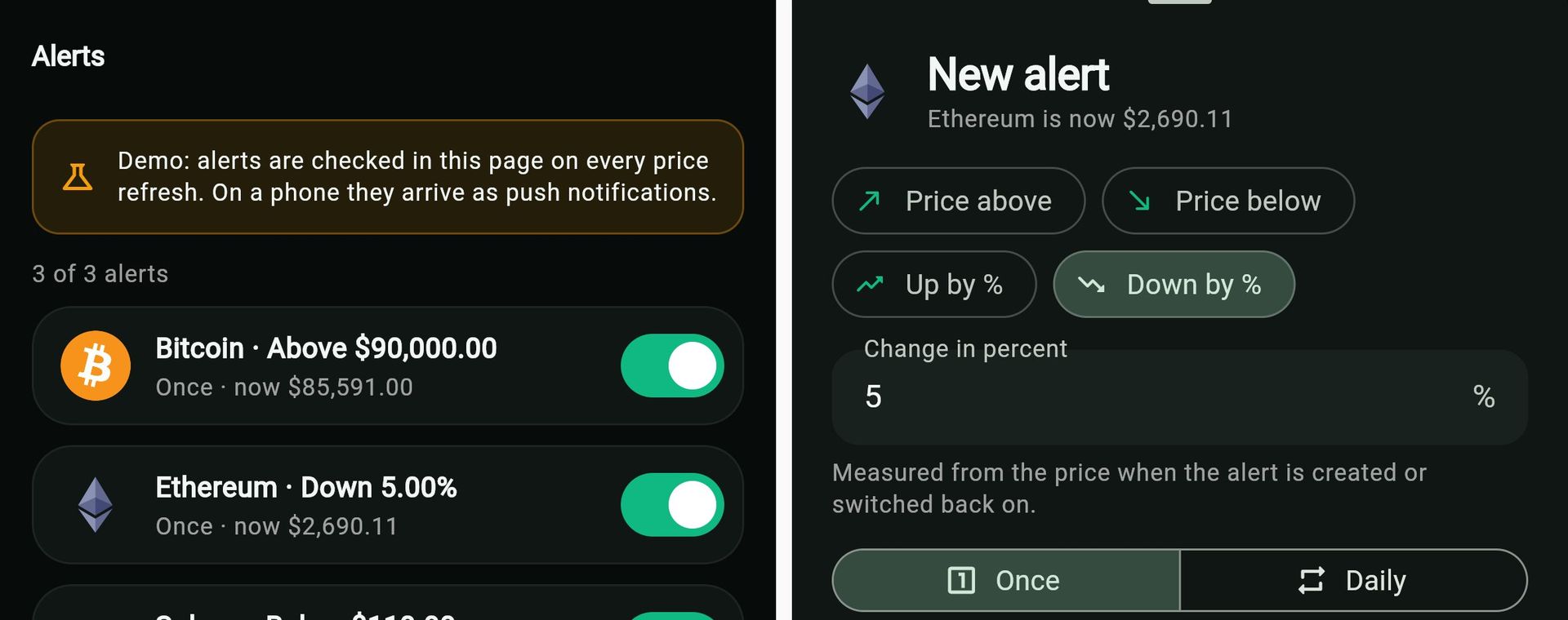 Two app demo screens side by side: the alerts list with Bitcoin above a price and Ethereum down by a percentage, and the new alert sheet with price above, price below, up by and down by percent, and once or daily