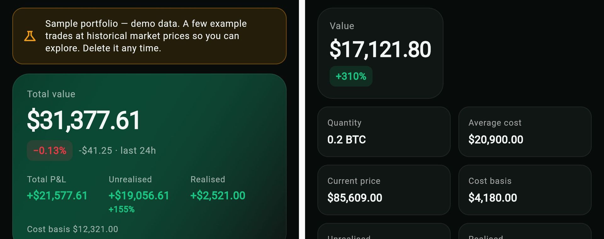 Two app demo screens side by side: a sample portfolio marked demo data with total value, total, unrealised and realised profit and loss, and a Bitcoin holding with value, quantity, average cost, current price and cost basis