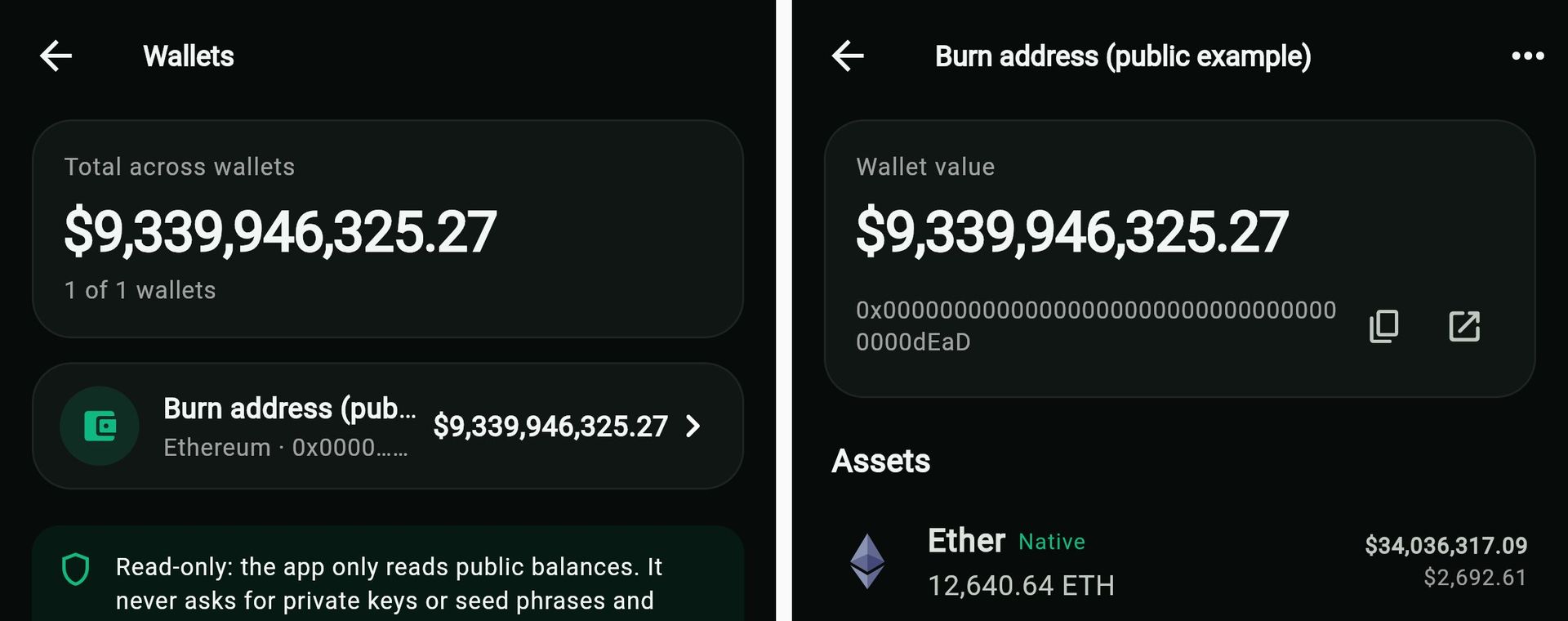Two app demo screens side by side: the wallets list with one public example address on Ethereum and the note Read-only, the app never asks for private keys or seed phrases and cannot move funds, and that wallet's assets
