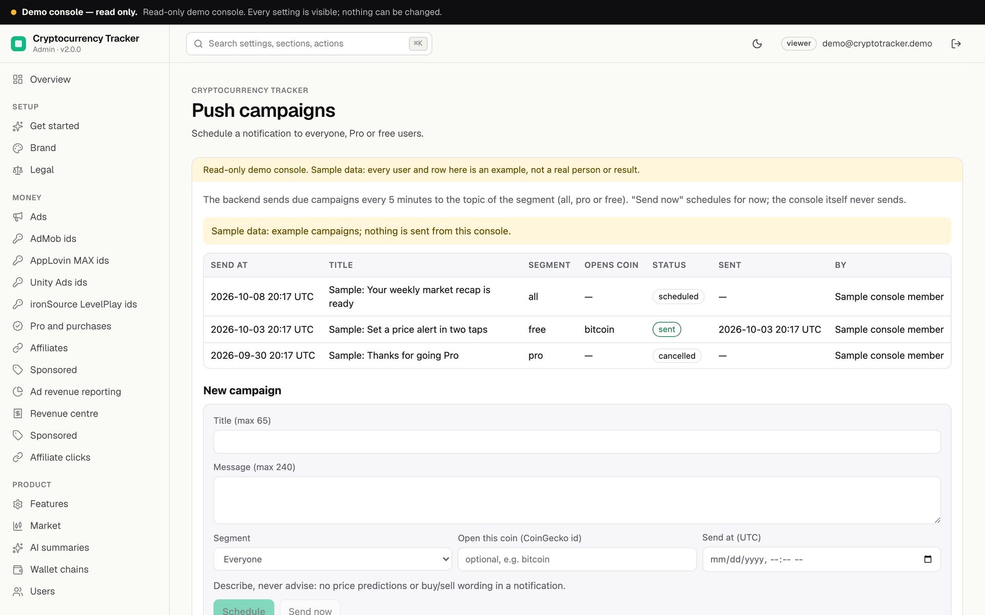 Operator console push campaigns: three sample campaigns, scheduled, sent and cancelled, and the new campaign form with segment and coin deep link