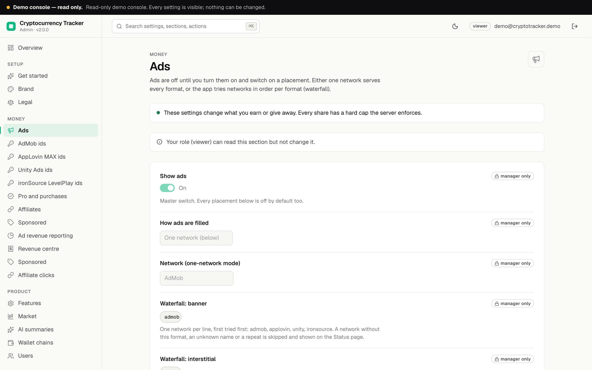 Cryptocurrency Tracker operator console, Ads settings in the read-only demo: Show ads switched on for the demo, how ads are filled set to one network, the network set to AdMob and the banner waterfall, with the AdMob, AppLovin MAX, Unity Ads and ironSource LevelPlay id pages in the menu