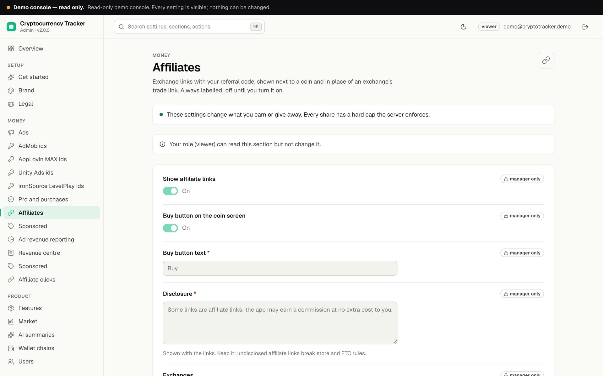 Cryptocurrency Tracker operator console, Affiliates: show affiliate links, the Buy button on the coin screen, the button text and the disclosure text shown with the links, read-only in the demo console