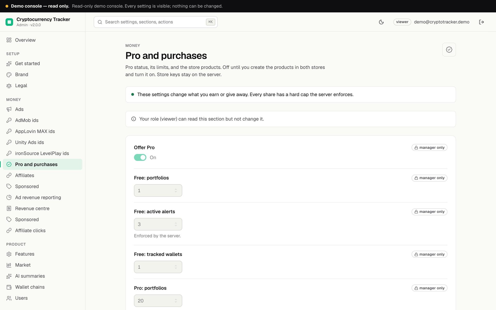 Cryptocurrency Tracker operator console, Pro and purchases: Offer Pro switched on in the demo, and the free plan limits for portfolios, active alerts and tracked wallets next to the Pro limits, read-only in the demo console