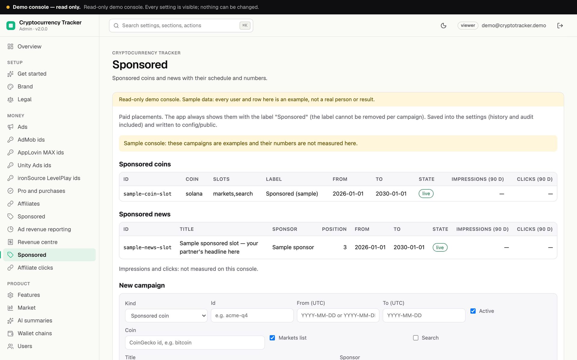 Cryptocurrency Tracker operator console, Sponsored on sample data: a sample sponsored coin slot and a sample sponsored news item with their schedule and state, impressions and clicks not measured in the sample, and the new campaign form