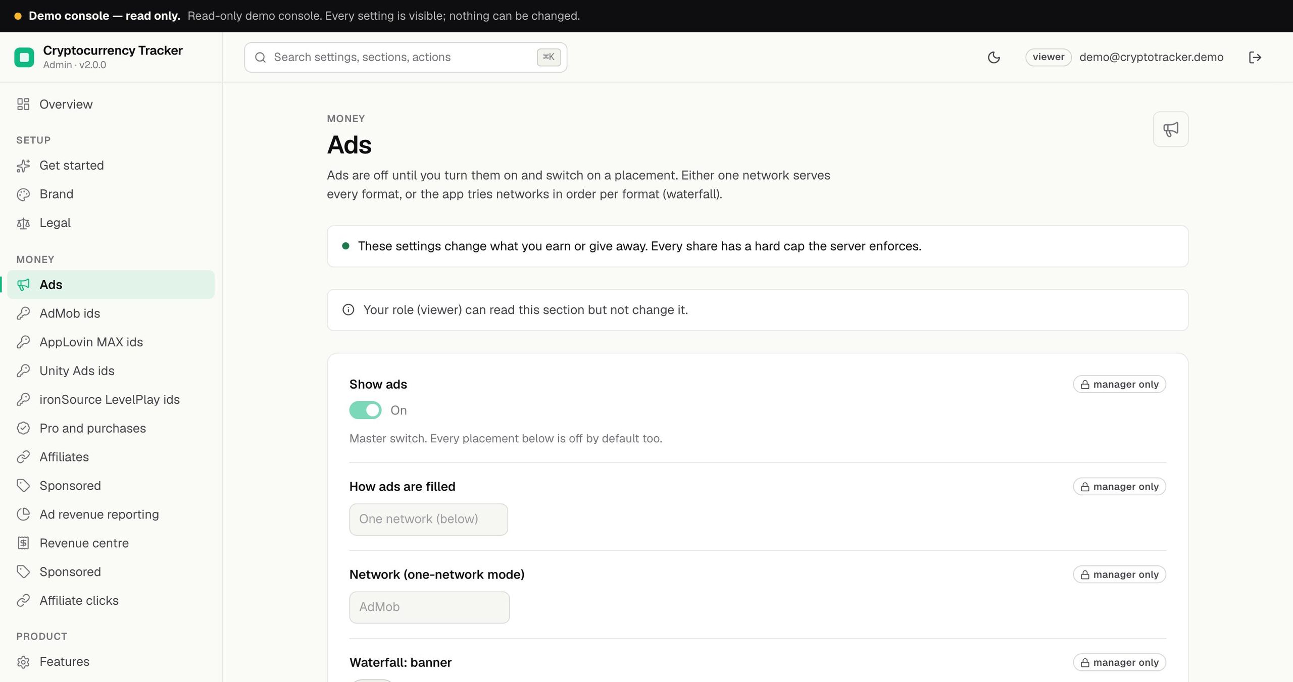Cryptocurrency Tracker operator console, Ads: the line Ads are off until you turn them on and switch on a placement, the master switch Show ads, how ads are filled (one network or a waterfall per format) and the network select, read-only in the demo console